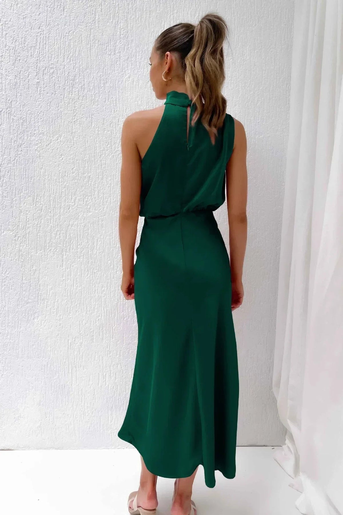 Women's Elegant Halter Neck Satin Midi Dress - look