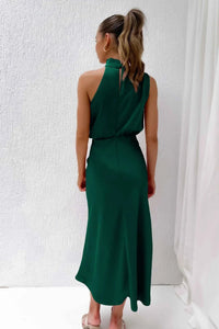 Women's Elegant Halter Neck Satin Midi Dress - look