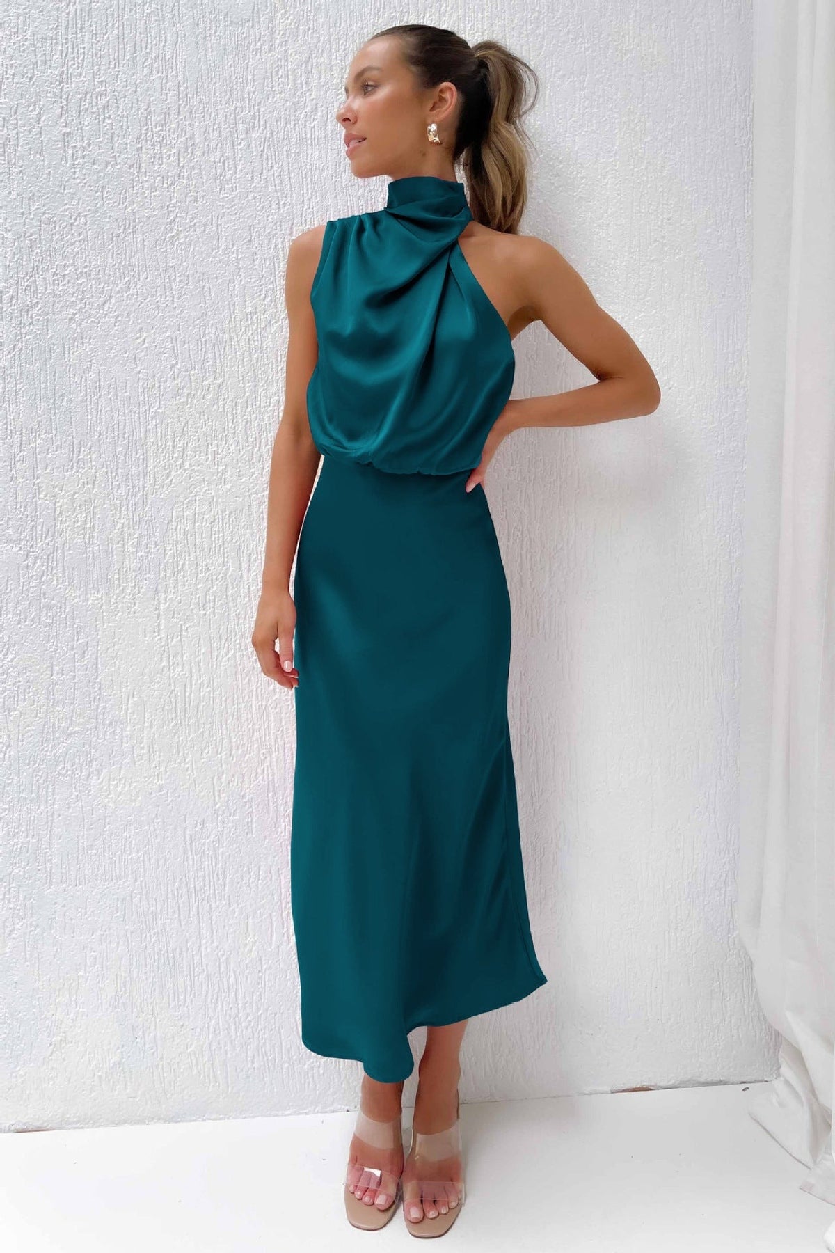 Women's Elegant Halter Neck Satin Midi Dress - look