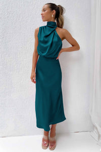 Women's Elegant Halter Neck Satin Midi Dress - look