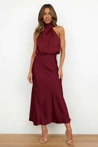 Women's Elegant Halter Neck Satin Midi Dress - look