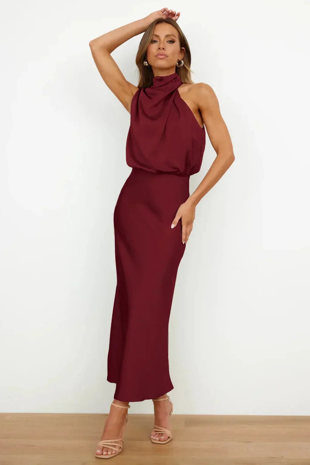 Women's Elegant Halter Neck Satin Midi Dress - look