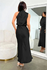 Women's Elegant Halter Neck Satin Midi Dress - look