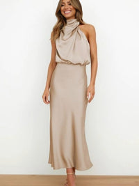 Women's Elegant Halter Neck Satin Midi Dress - side