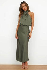 Women's Elegant Halter Neck Satin Midi Dress - view