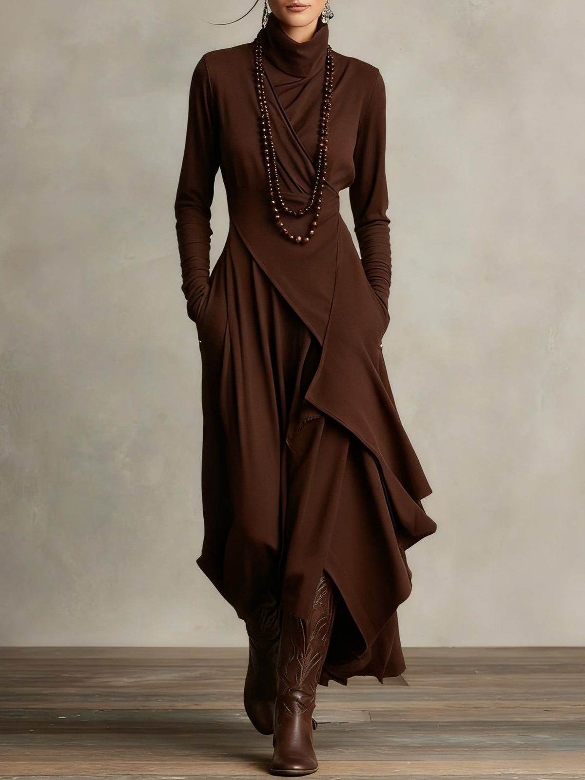 Women's Elegant High Neck Long Sleeve Maxi Dress - back