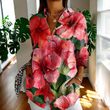 Women's Elegant Vintage Blouse | Hibiscus Print Relaxed Fit
