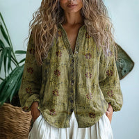Women's Elegant Vintage Leaf Print Shirt Detail
