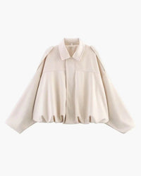 Women's Faux Suede Bomber Jacket | Collared Bubble Hem Fit Angle