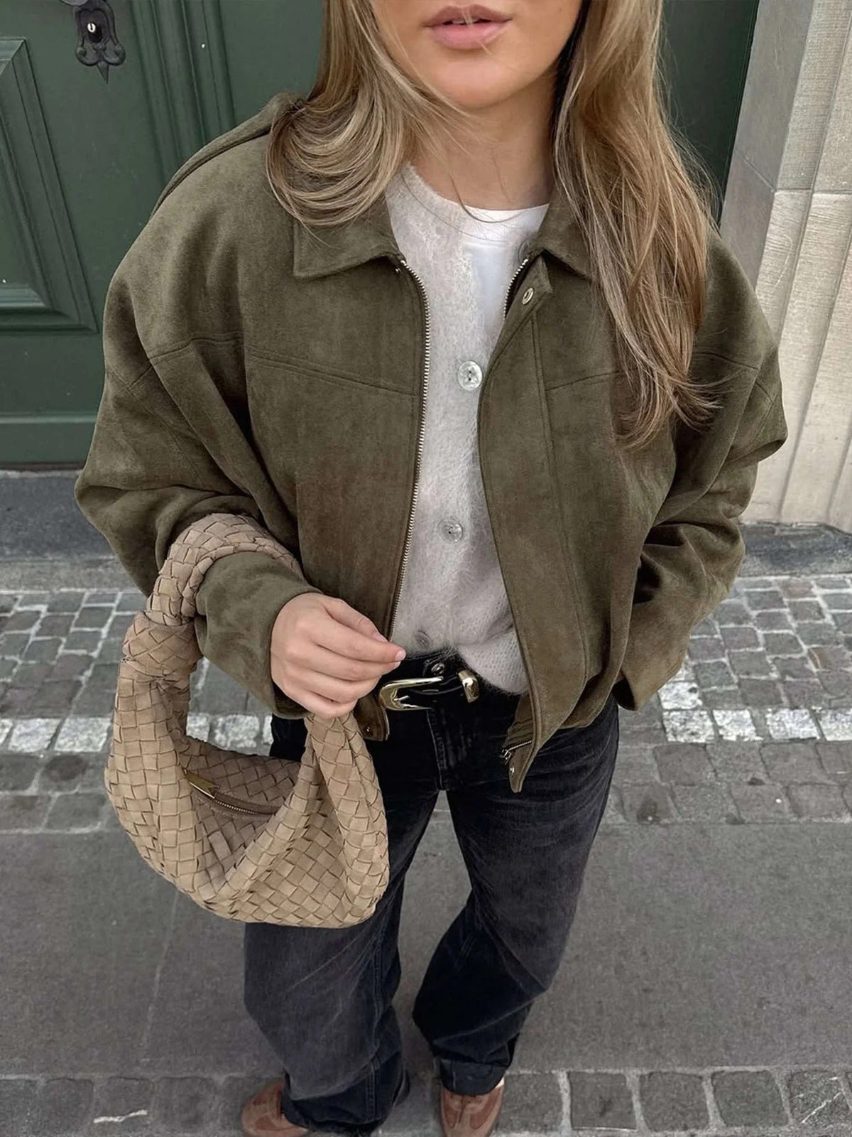 Women's Faux Suede Bomber Jacket | Collared Bubble Hem Fit Detail