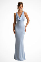 Women's Fitted Cowl Neck Satin Wedding Guest Maxi Dress