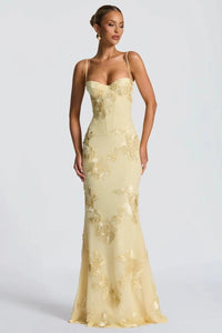 Women's Floral Embroidered Corset Cami Strap Wedding Guest Maxi Dress Detail