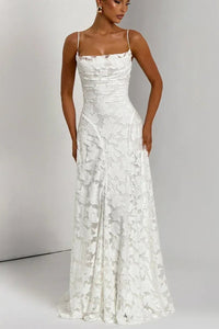 Women's Floral Jacquard Formal Maxi Dress | Backless with Spaghetti Strap Close Up