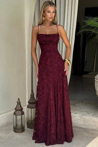 Women's Floral Jacquard Formal Maxi Dress | Backless with Spaghetti Strap Detail