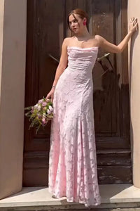 Women's Floral Jacquard Formal Maxi Dress | Backless with Spaghetti Strap Full