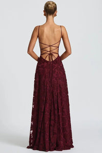 Women's Floral Jacquard Formal Maxi Dress | Backless with Spaghetti Strap Side