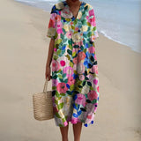 Women's Floral Short Sleeve Midi Dress | Relaxed V-Neck Summer Fit