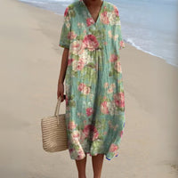 Women's Floral Short Sleeve Midi Dress | Relaxed V-Neck Summer Fit Lifestyle