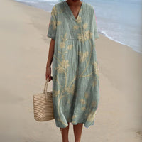 Women's Floral Short Sleeve Midi Dress | Relaxed V-Neck Summer Fit Side