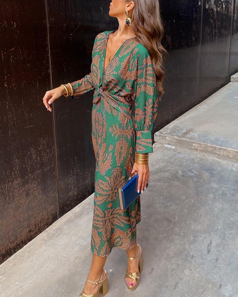 Women's Flowing A-Line Maxi Dress | V-Neck with Knot Front Front