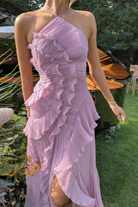 Women's Halter Backless Maxi Wedding Guest Dress | Cascading Ruffle Detail Close Up