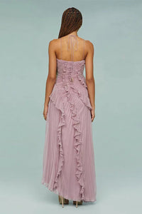 Women's Halter Backless Maxi Wedding Guest Dress | Cascading Ruffle Detail Full