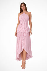 Women's Halter Backless Maxi Wedding Guest Dress | Cascading Ruffle