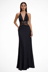 Women's Halter Neck Backless Maxi Wedding Guest Dress | Sheer Waist Detail