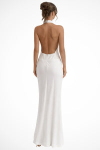Women's Halter Neck Draped Satin Wedding Guest Maxi Dress | Open Back Detail Front