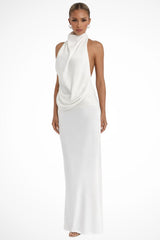 Women's Halter Neck Draped Satin Wedding Guest Maxi Dress | Open Back Detail