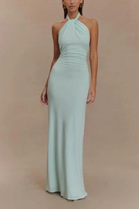 Women's Halter Neck Open Back Bodycon Wedding Guest Maxi Dress | Twisted Knot Detail Front