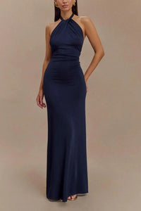 Women's Halter Neck Open Back Bodycon Wedding Guest Maxi Dress | Twisted Knot Detail Lifestyle