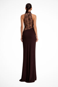 Women's Halter Neck Sleeveless Wedding Guest Maxi Dress | Lace Panel Detail Front