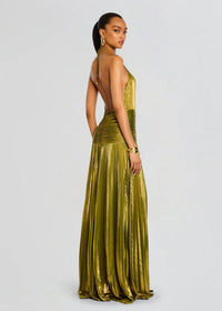 Women's Halter Neck Wedding Guest Maxi Dress | Thigh Split Metallic Detail