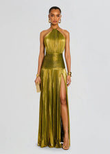 Women's Halter Neck Wedding Guest Maxi Dress | Thigh Split Metallic