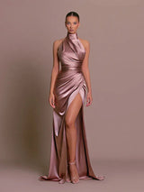 Women's Halterneck Maxi Dress | Wedding Guest High Leg Split Satin