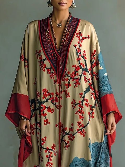 Women's Japanese Plum Blossom Maxi Dress | Batwing Sleeve Print Front