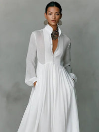 Women's Linen Maxi Shirt Dress | Stand Collar with Pockets Back