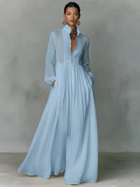 Women's Linen Maxi Shirt Dress | Stand Collar with Pockets Detail