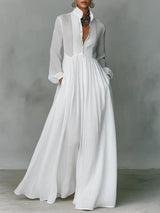 Women's Linen Maxi Shirt Dress | Stand Collar with Pockets
