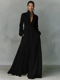 Women's Linen Maxi Shirt Dress | Stand Collar with Pockets Side