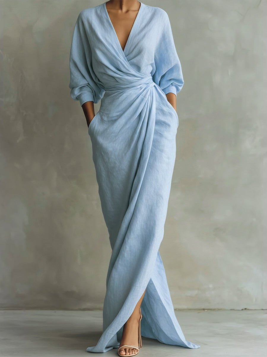 Women's Linen Wrap Maxi Dress | Twisted Skirt V-Neck Close Up