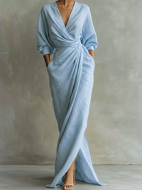 Women's Linen Wrap Maxi Dress | Twisted Skirt V-Neck Close Up