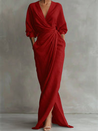 Women's Linen Wrap Maxi Dress | Twisted Skirt V-Neck Detail