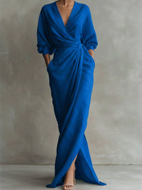 Women's Linen Wrap Maxi Dress | Twisted Skirt V-Neck Front
