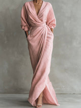 Women's Linen Wrap Maxi Dress | Twisted Skirt V-Neck