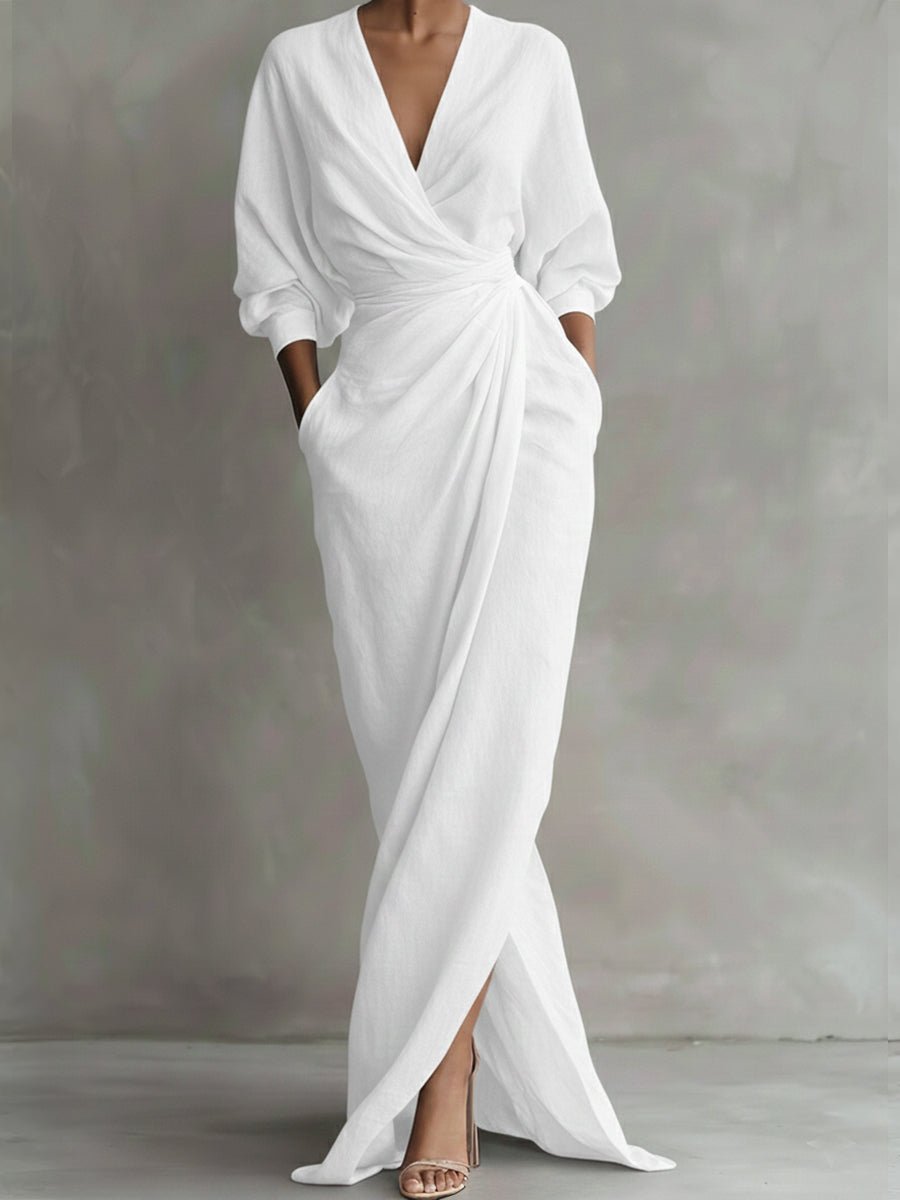 Women's Linen Wrap Maxi Dress | Twisted Skirt V-Neck Side