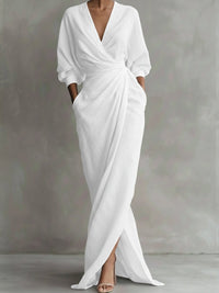 Women's Linen Wrap Maxi Dress | Twisted Skirt V-Neck Side