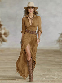 Women's Long Belted Dress | Pleated Lapels with Flowing Skirt Side