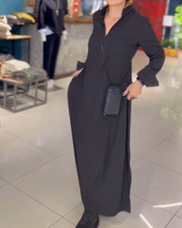 Women's Loose Lapel Maxi Dress | Long Sleeve with Side Slit Front